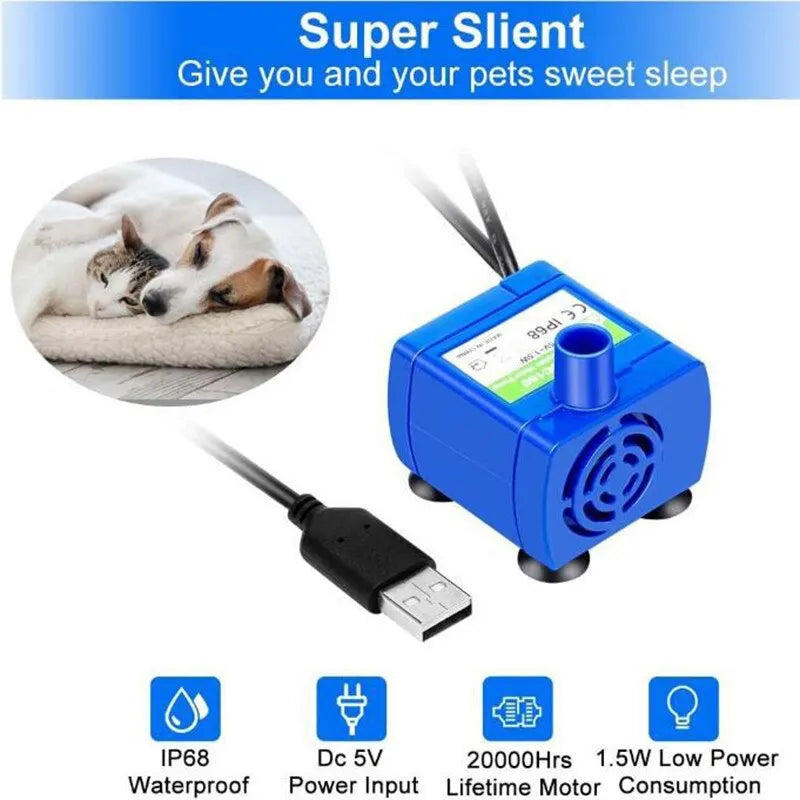 Water Pump LED Light Pet Cat Water Fountain, Waterproof silent motor with long runtime, low power consumption, and durable lifespan for pet care devices.