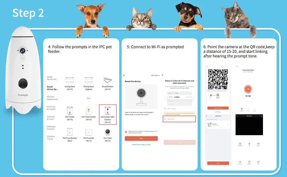 Smart 1080p Dog Camera, Set up by connecting to Wi-Fi, pointing camera at QR code, and hearing prompt tone.