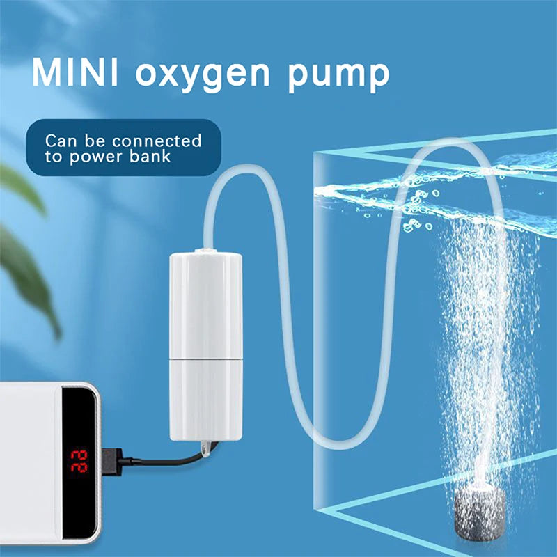 Aquarium Oxygen Air Pump, Mini air pump compatible with power banks for portable use.