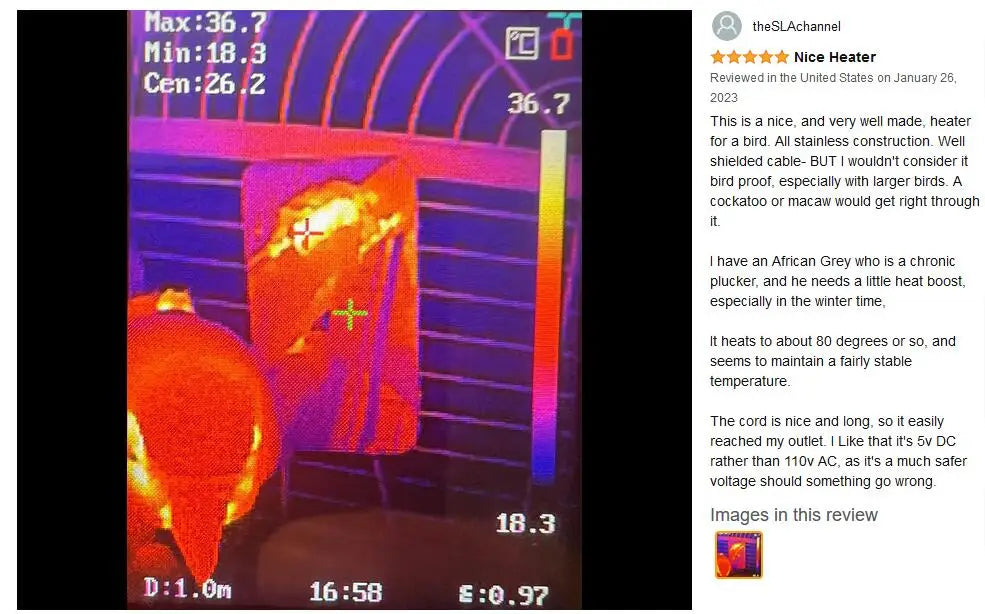 Birds Thermostat Lamp, Well-made heater with stainless construction and shielded cable, suitable for African Greys and other small birds.