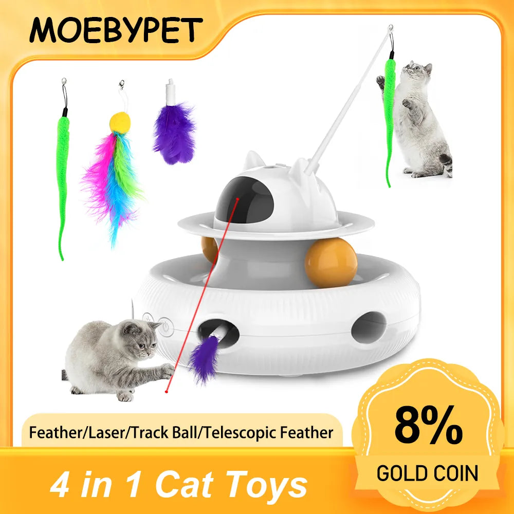 Moebypet Interactive 4-in-1 Cat Toy Rechargeable Feather Stick Laser Trackball Retractable Feather Popular Indoor Toys for Cats