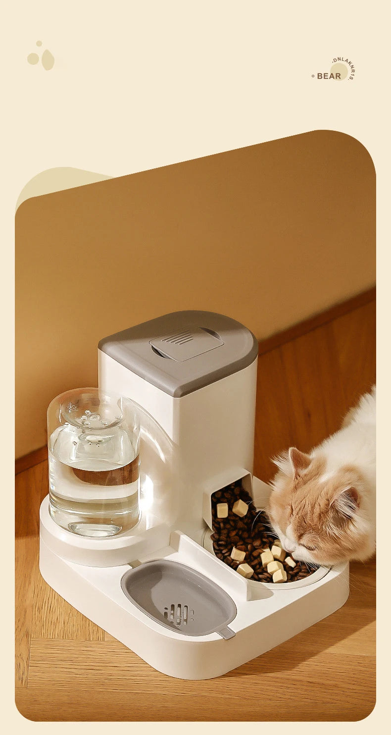 Kimpets Automatic Cat Feeder with water dispenser and plastic construction.