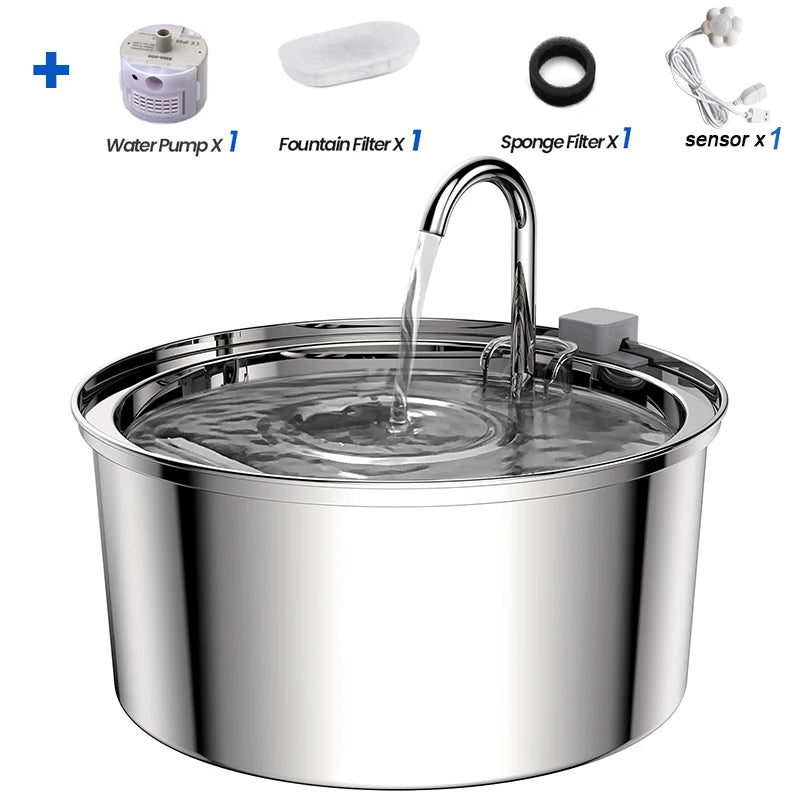 Elevated cat watering station with auto pump, filter, and sensor for clean and convenient feline hydration.