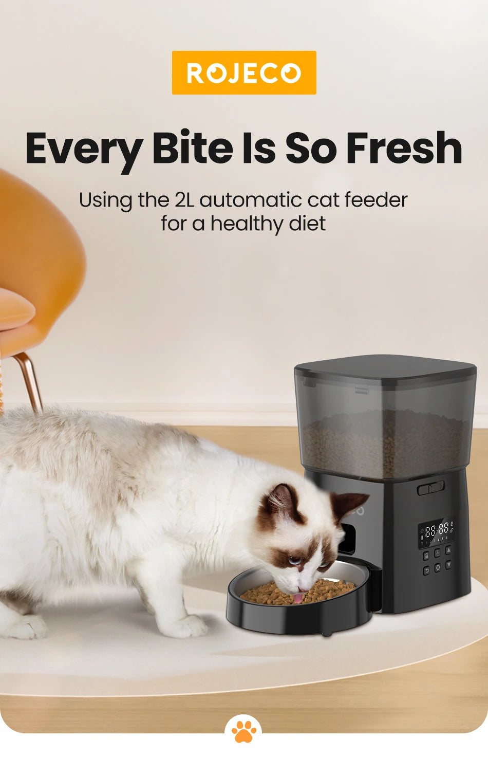 ROJECO Automatic Cat Feeder, Auto feeder provides fresh meals and snacks for cats, promoting healthy eating habits.
