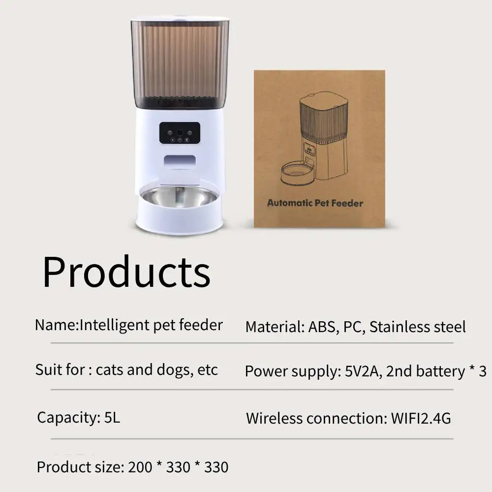 5L Automatic Cat Feeder, Smart wireless pet feeder with WiFi, camera, and timer for cats and small animals.