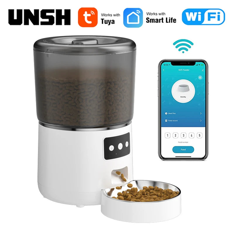 Tuya Smart WiFi 4L Pet Feeder, Compatible with smart home systems like UNSH and Smart Life for seamless WiFi connectivity.