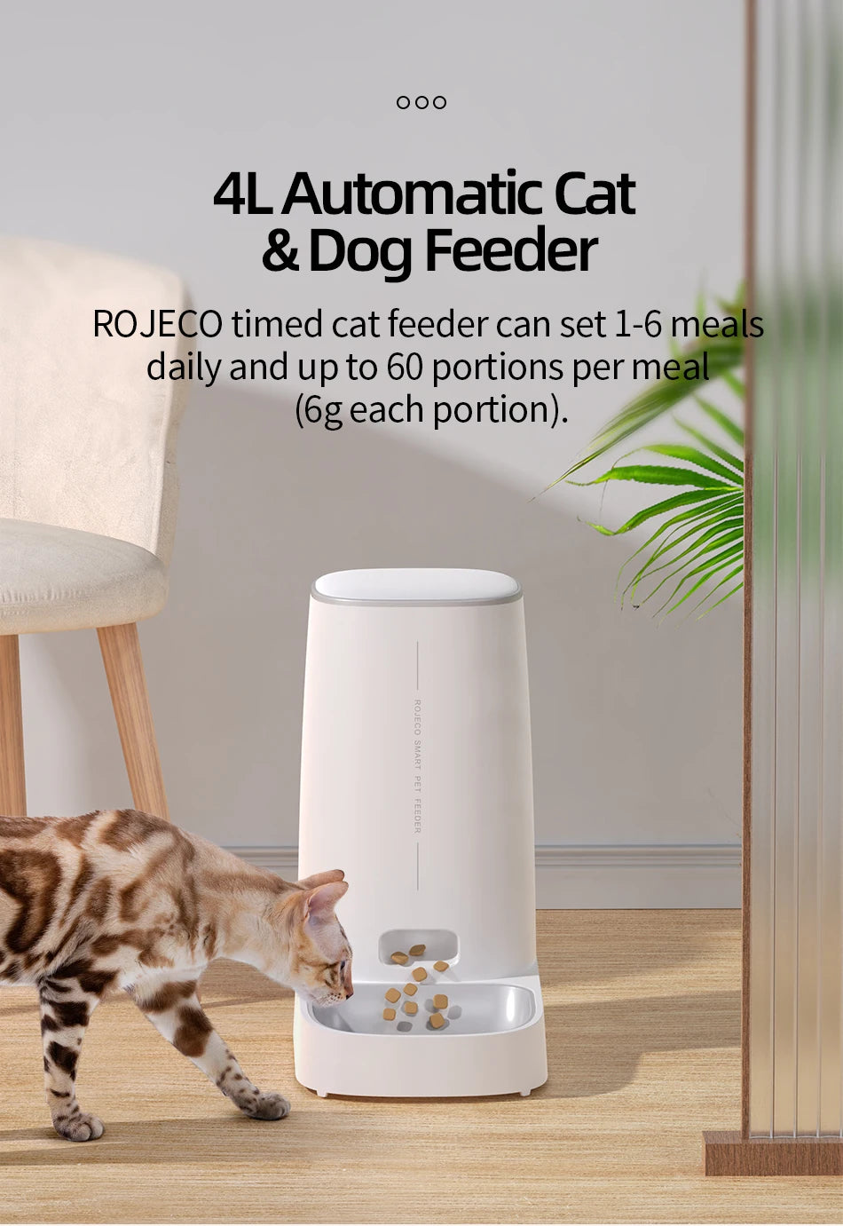 ROJECO 4L Automatic Pet Feeder, Automatic pet feeder schedules 1-6 meals daily, up to 60 portions each, suitable for cats and dogs.