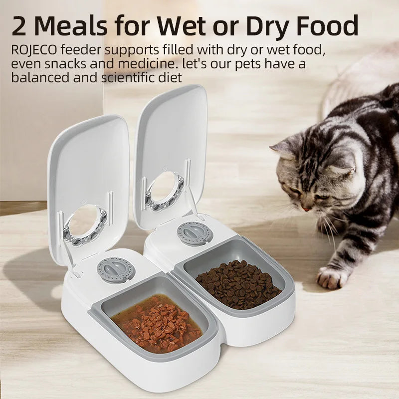 ROJECO 2 Meals Automatic Pet Feeder - Smart Cat Food Dispenser For Wet & Dry Food Kibble Dispenser Accessories Auto Feeder For Cat