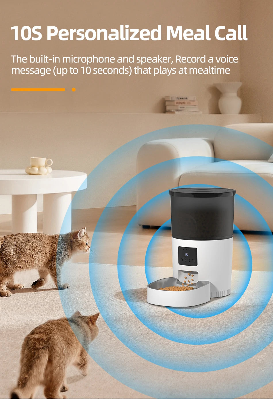 ROJECO Automatic Cat Feeder, Customizable 10-second voice message played at mealtimes through built-in speaker.