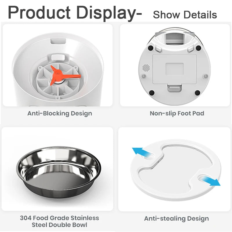 3L Automatic Cat Feeder, Secure feeding station with anti-blocking design, non-slip footpad, and stainless steel bowls.