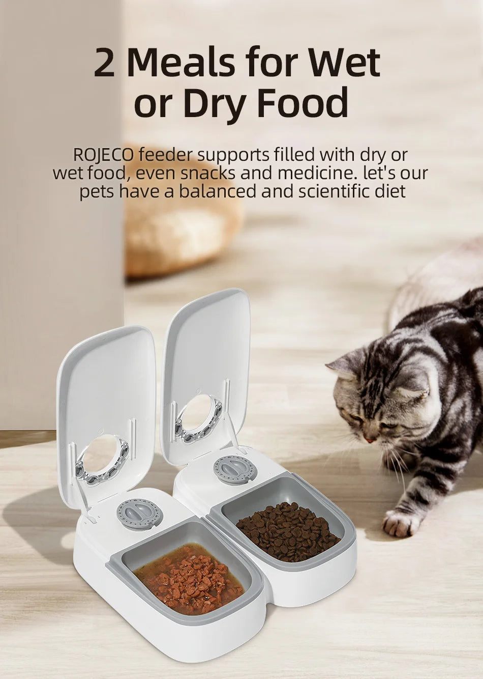 ROJECO 2 Meals Automatic Pet Feeder, Pet feeding system that holds two meals with options for wet and dry food.