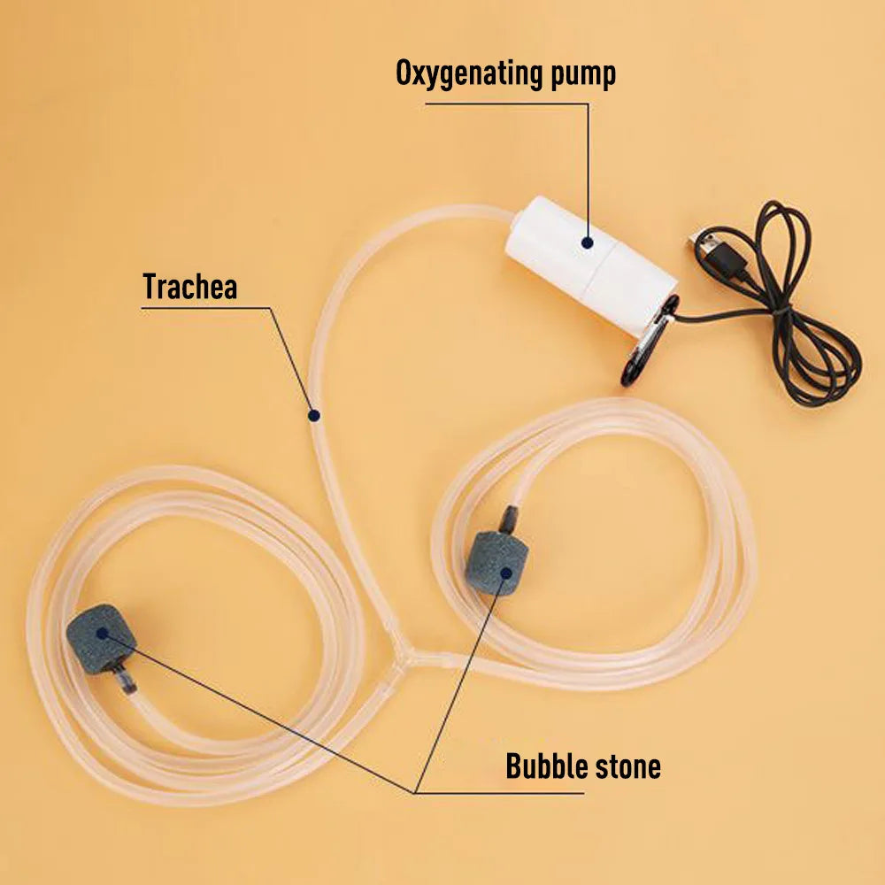 Aquarium Oxygen Air Pump, Portable oxygen pump for aquariums with air stone aeration and USB power.