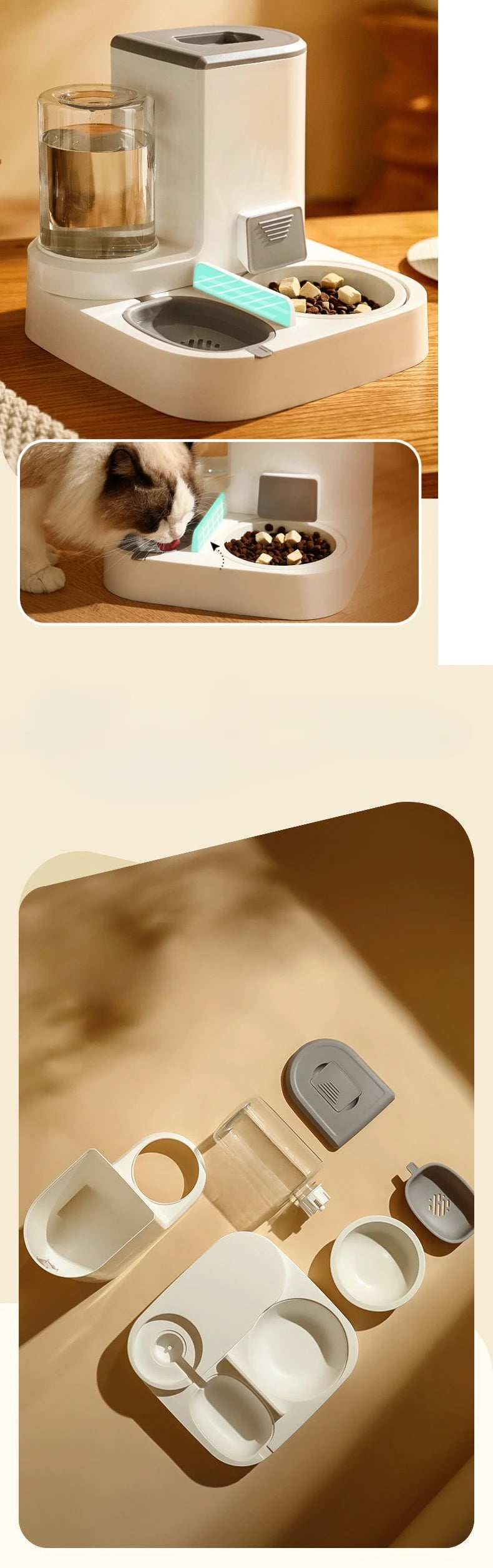 1L Water capacity  + 2.2L Food storage capacity , Convenient Feeding Solution: Automatic feeder with water dispenser for simplified pet feeding.