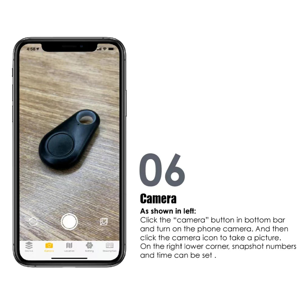 New Pet GPS Tracker Smart Locator, Take a photo by tapping 'Camera' and clicking the icon, with customization options in the bottom right corner.