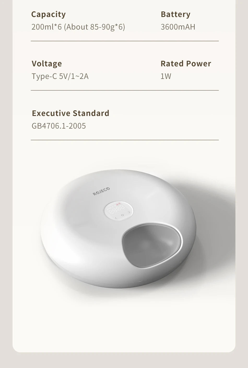 ROJECO 6 Meals Automatic Pet Feeder, Smart feeder holds 85-90g of food for 6 meals, powered by rechargeable battery.