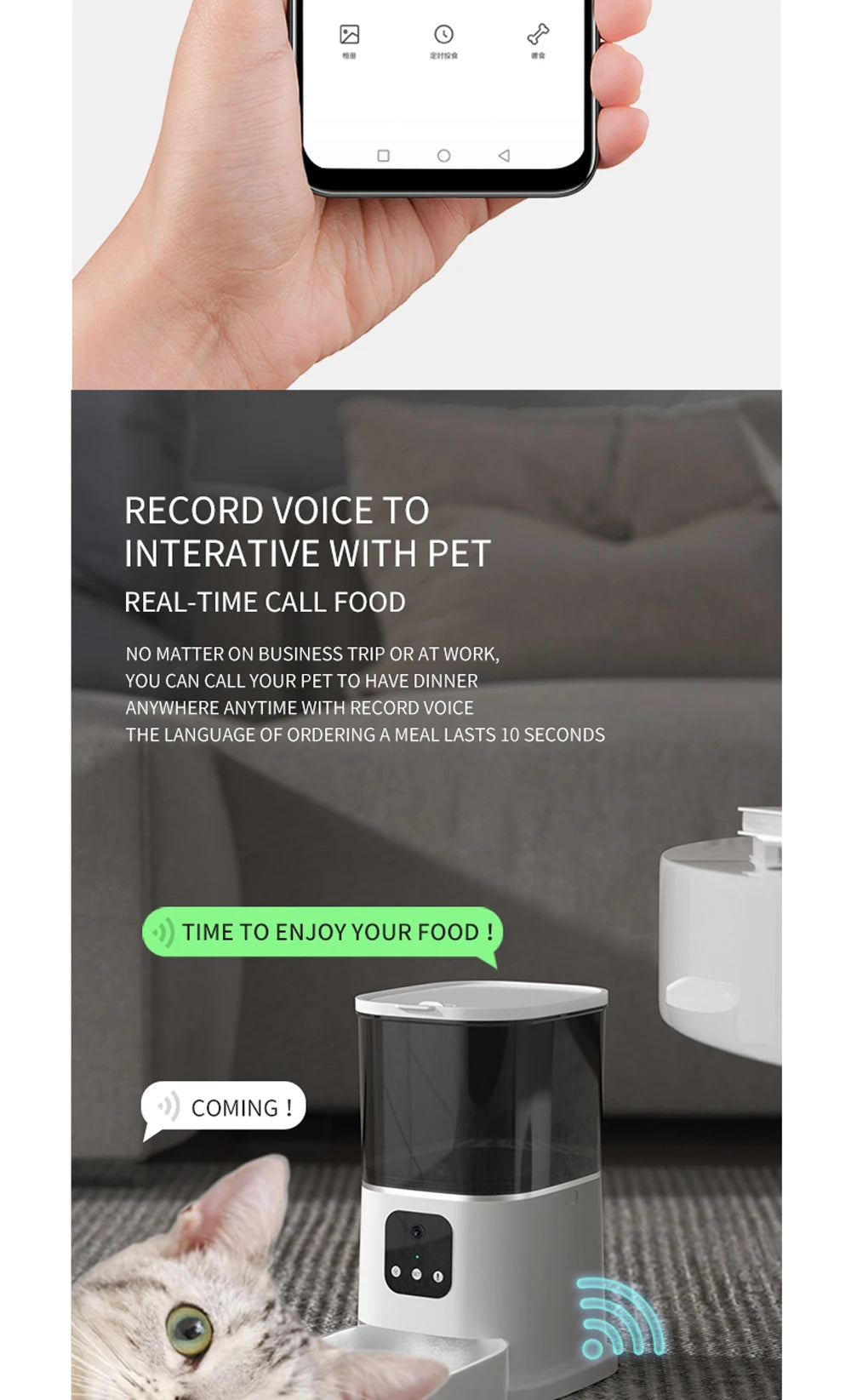 6L Automatic Cat Feeder, Record voice message to remotely call pets to dinner with smart feeder.