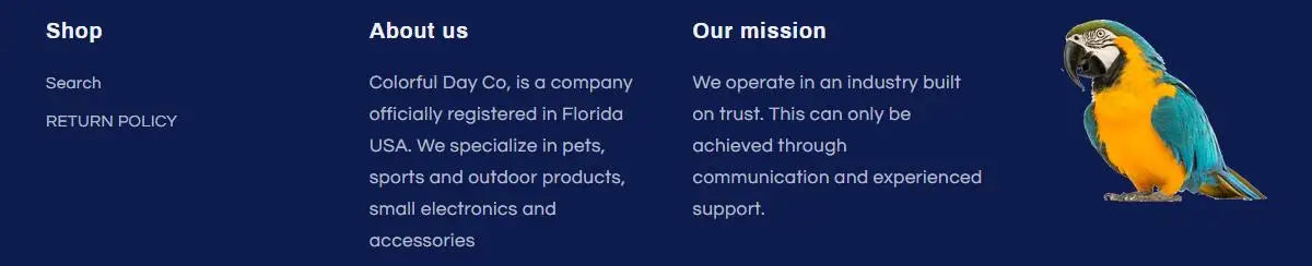 Parrot Toy, Colorful Co.: Florida-based pet product company specializing in electronics and accessories, prioritizing customer support and trust.