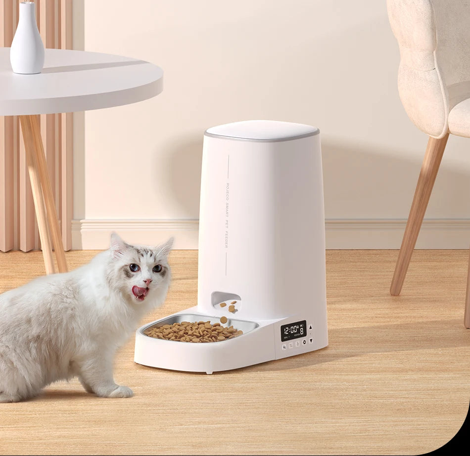 ROJECO 4L Automatic Cat Feeder, Automatic cat feeder with remote control and WiFi connectivity for convenient feeding.