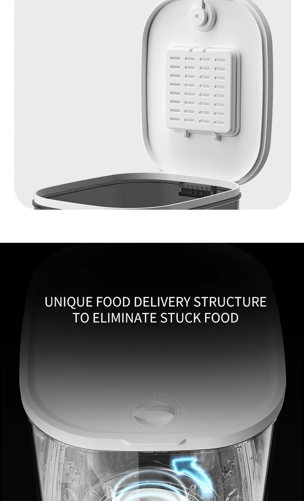6L Automatic Cat Feeder, Unique food delivery system prevents stuck food issues.