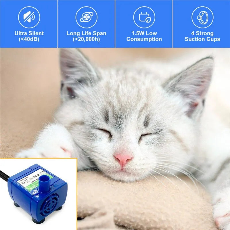Water Pump LED Light Pet Cat Water Fountain, Quiet operation with low power consumption, long lifespan, strong suction, and minimal noise.