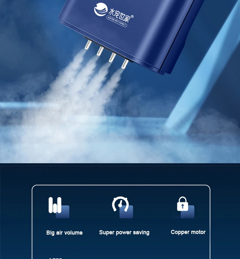 Silent Aquarium Oxygen Air Pump, Large air volume, superpower-saving copper motor for efficient performance.