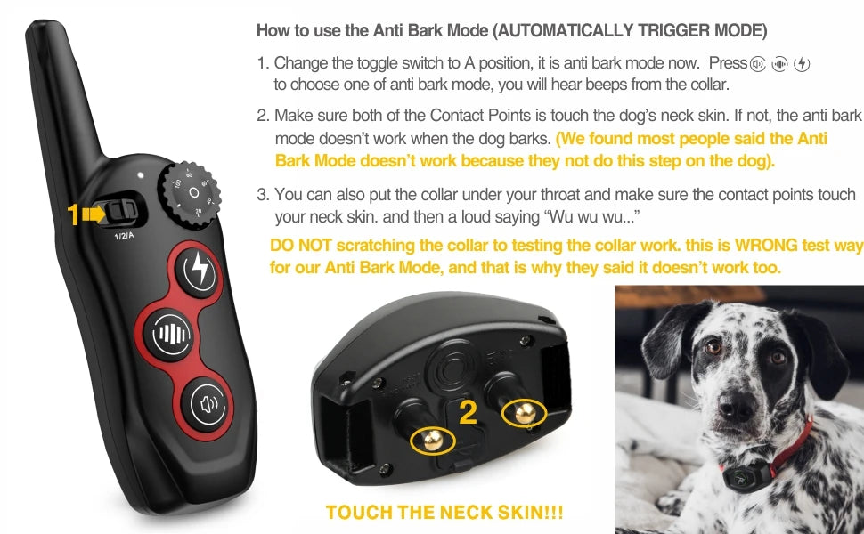 Dog Training Collar, Automatic Anti-Bark Mode: Ensure contact points touch skin, test on yourself with loud 'Wu WU WU' sound.