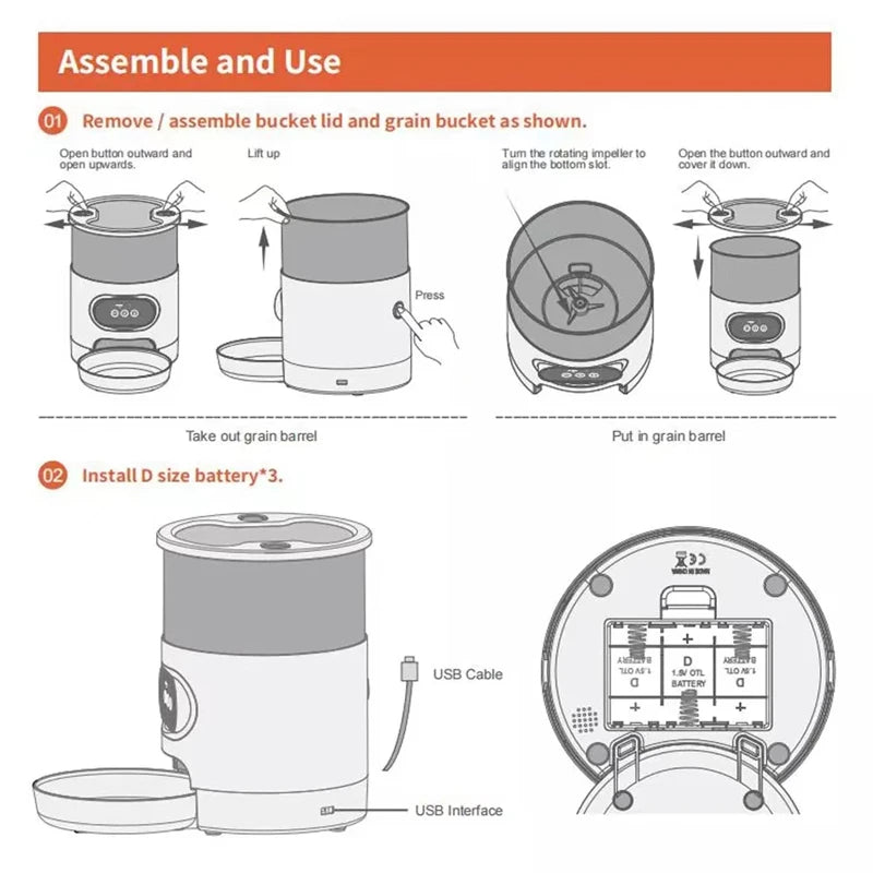 Smart APP 3L Pet Feeder, Assembly instructions: Remove lid, open retaining mechanism, insert batteries, and connect USB cable.