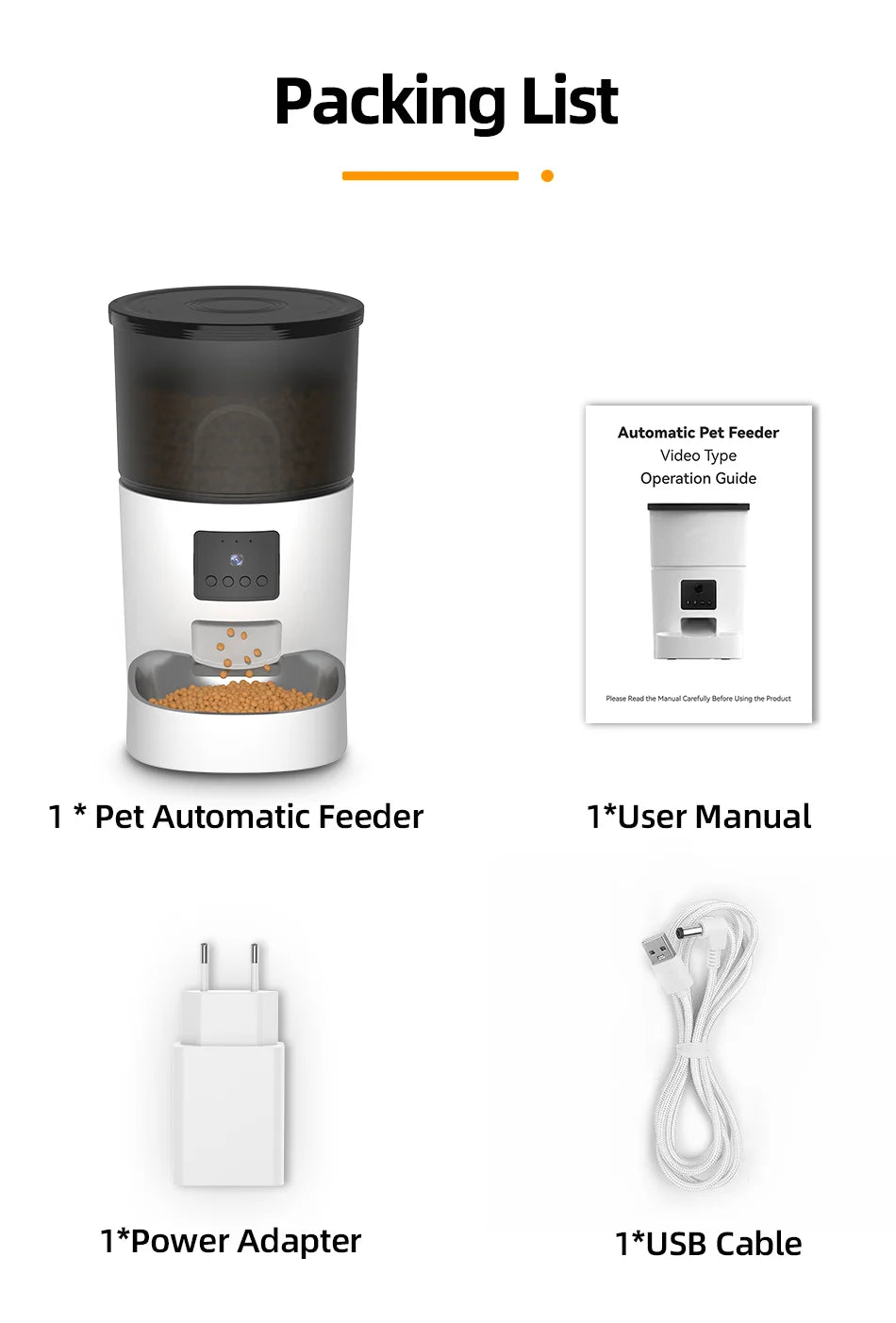 ROJECO Automatic Cat Feeder, Pet food kit with auto feeder, manual, charger, and USB cord; no clothes or accessories provided.