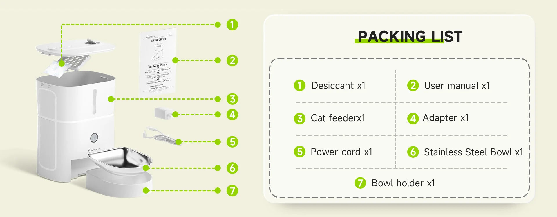 APETDOLA 3L Automatic Cat Food Dispenser, Packaging contents: Cat food dispenser, desiccant, manual, adapters, cords, bowl, and holder.