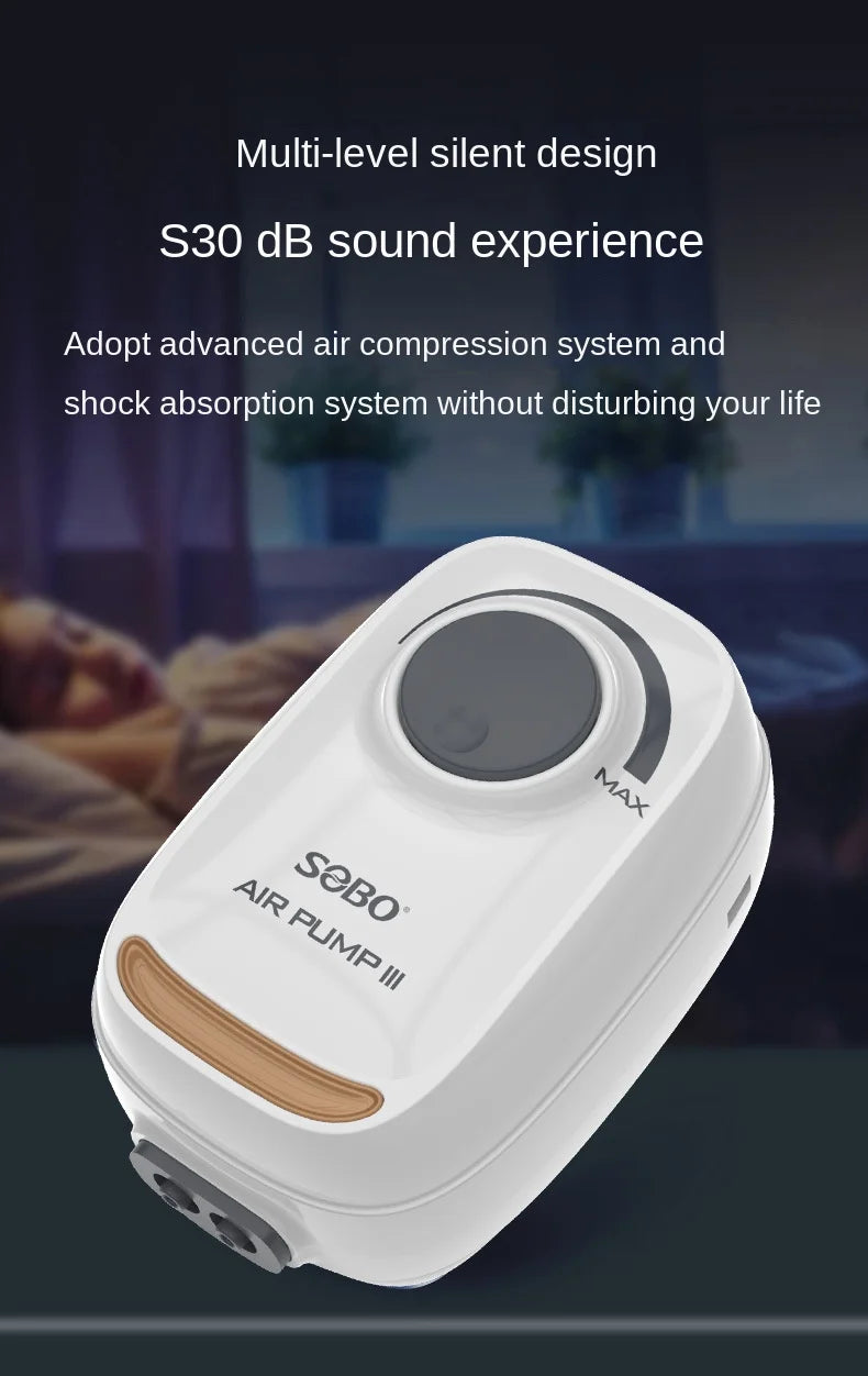 SOBO High Power 3W 6W Mute Oxygen Pump, Advanced noise reduction technology minimizes sound to 53 dB for quiet, everyday use.