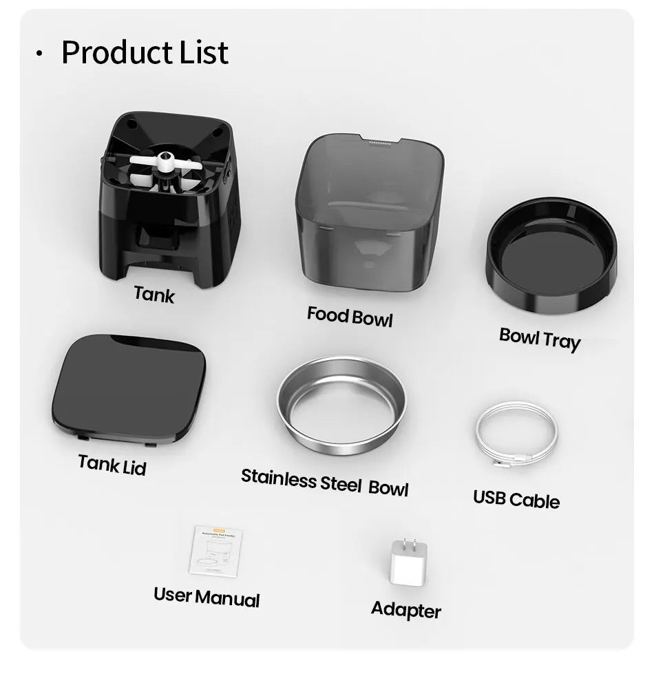 ROJECO 2L Automatic Pet Feeder, Pet feeding kit contents include food bowl, tray, lid, manual, and charging accessories.