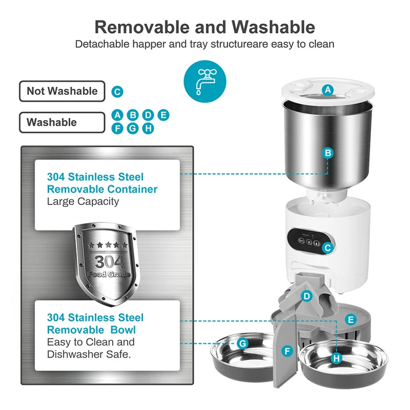 Cat Timing Feeder, Feeder with removable, washable parts: stainless steel tray and bowl with large capacity and dishwasher safety.