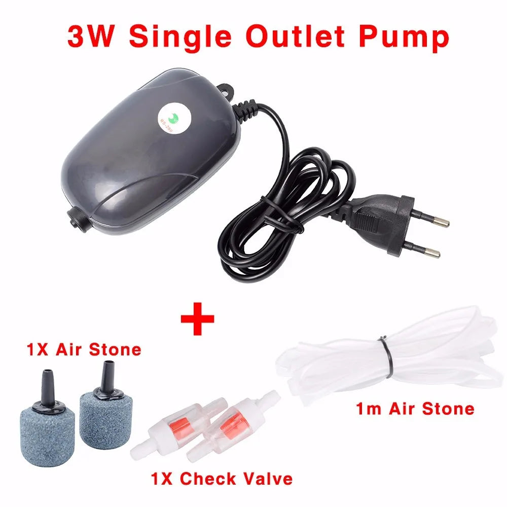 Aquarium Air Pump Fish Tank - Mini Compressor Single Double Outlet with Check Valve Tube Aquatic Accessories 220V 3W 5W