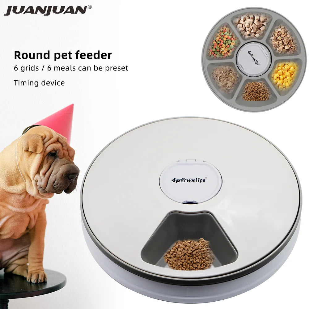 24 Hours Pet Automatic Feeder, Automatic pet feeder for cats and dogs with 6-grid, 6-meal capacity, timing feature, and voice recording.