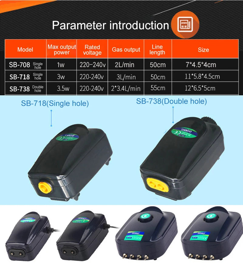 SOBO Silent Aquarium Oxygen Air Pump, High-power aquarium air pump with adjustable volume and compressor, suitable for silent operation and maintaining healthy oxygen levels.