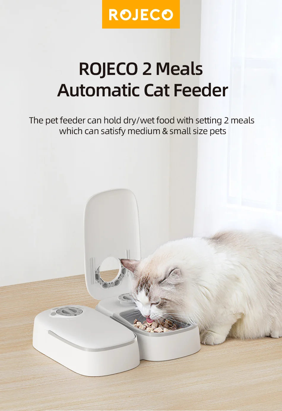 ROJECO 2 Meals Automatic Pet Feeder, Smart automatic pet feeder for cats, dispenses wet and dry food kibble.