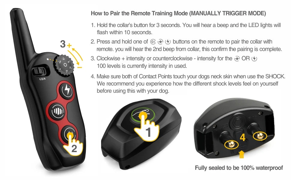 Electronic dog training collar with 3 modes (beep, vibration, shock) for behavioral correction.