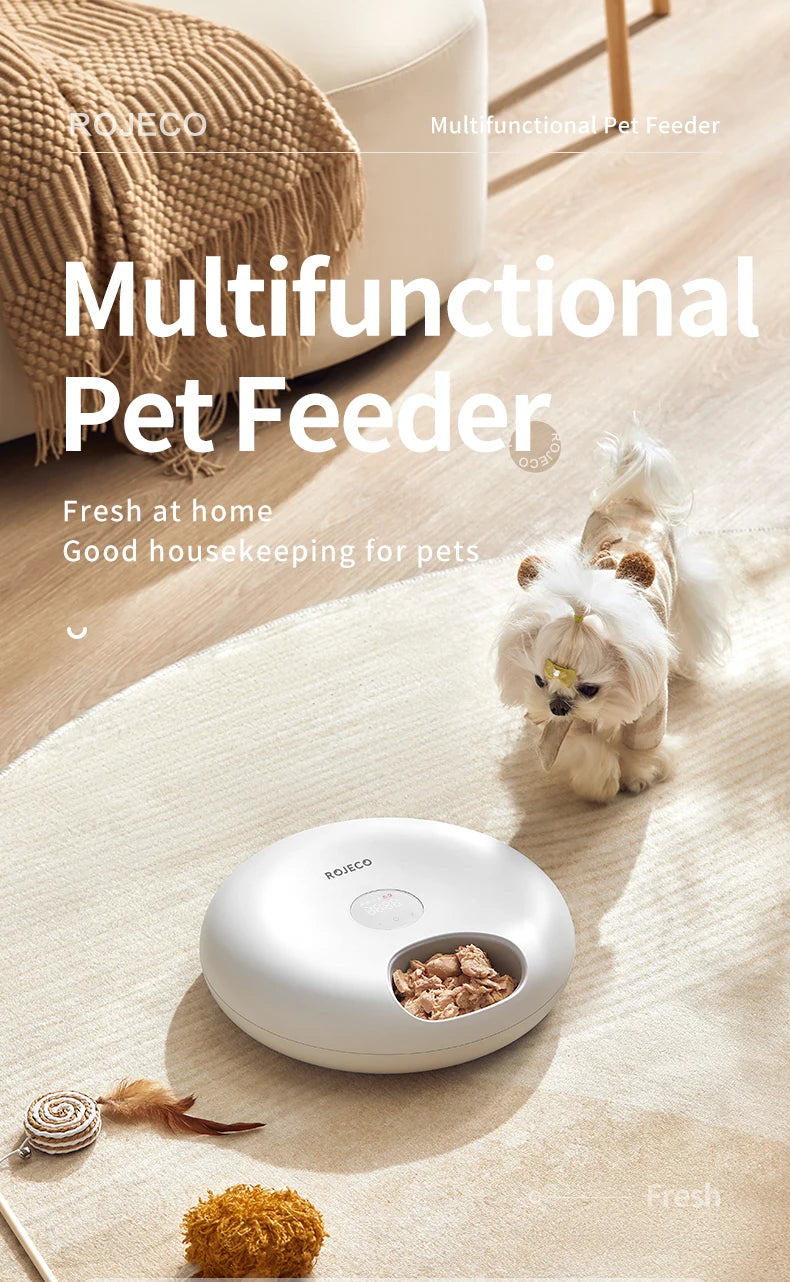 ROJECO 6 Meals Automatic Pet Feeder, Automatic feeder for gas-powered pets, promoting easy pet care and home cleanliness.