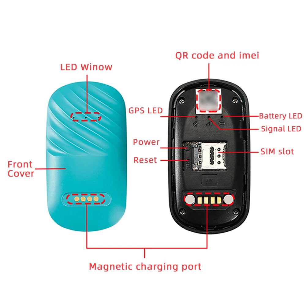 4G Pet Collar, Tracker device features QR code, IMEI display, GPS, LED battery indicator, power signal, and reset button.