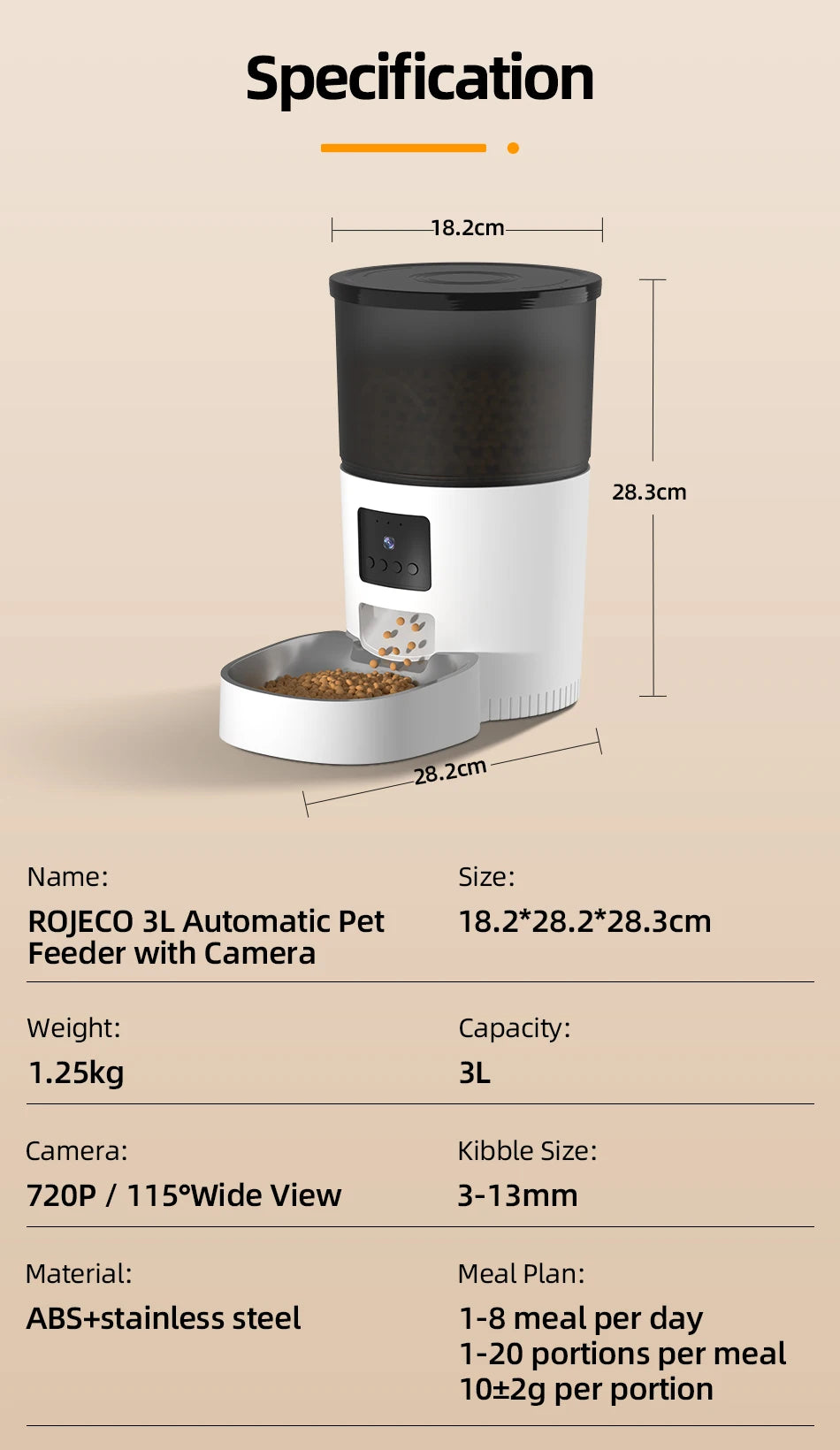 ROJECO Automatic Cat Feeder, Automatic cat feeder with camera, voice recorder, and remote control for monitoring and feeding your pet.