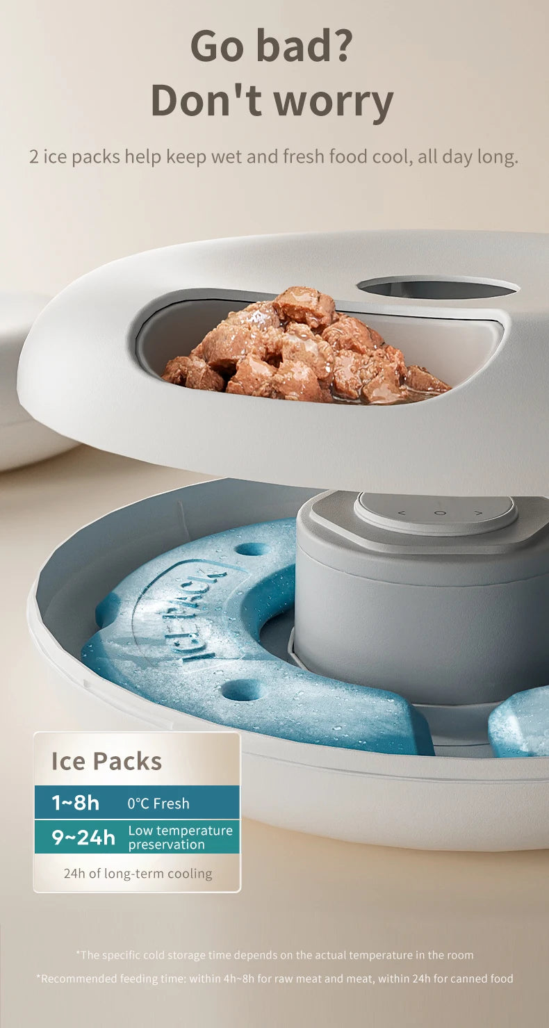 ROJECO 6 Meals Automatic Pet Feeder, Fresh food storage: 2 ice packs keep wet/dry food at a low temp (1°-8°C) for up to 9-24 hours.