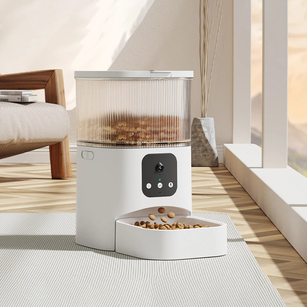 6L Automatic Pet Feeder, Offers different meal quantities: 4, 10, or 8 meals depending on the model (button, app, or video).