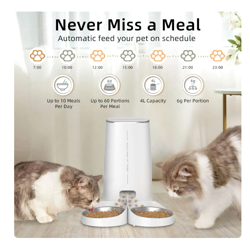 ROJECO 4L Automatic Cat Feeder - Pet Smart Cat Food Kibble Dispenser Remote Control WiFi Button Auto Feeder For Cats Dog Accessories